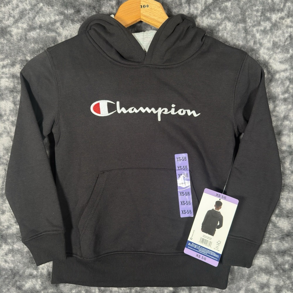 New Champion Black Hooded Sweatshirt Kids Hoodie Boys Size XS 5 6 Athleticwear